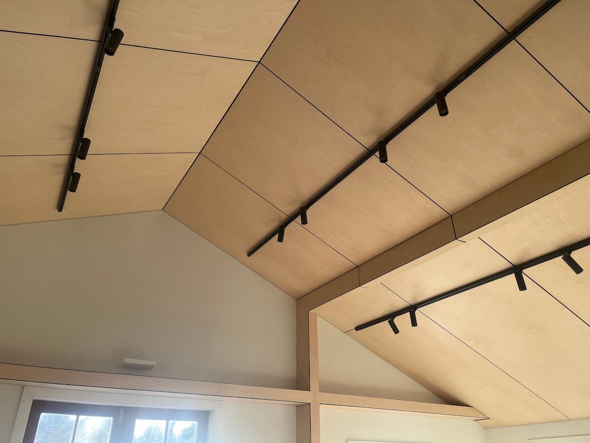 Negative detailed birch ply ceiling with modern black track lighting in Auckland home