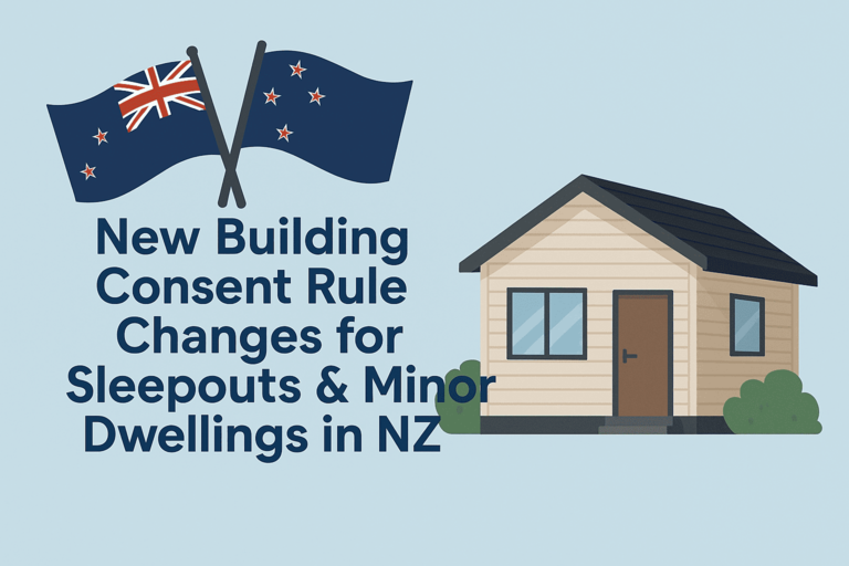 Graphic illustrating new building consent rule changes in New Zealand for sleepouts and minor dwellings, featuring a small modern cabin and compliance icons.