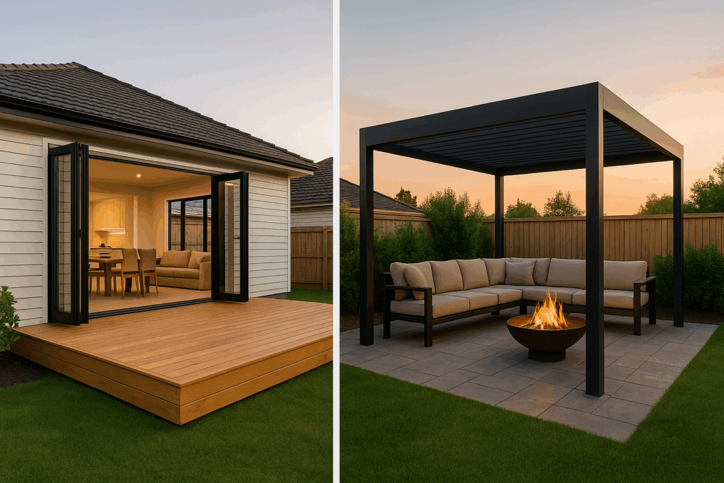 Contemporary suburban New Zealand home with a black aluminium pergola and steel bowl fire pit in a landscaped outdoor living area.