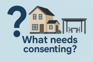 Graphic showing a New Zealand home with a pergola and a large question mark, representing which types of building work require council consent.