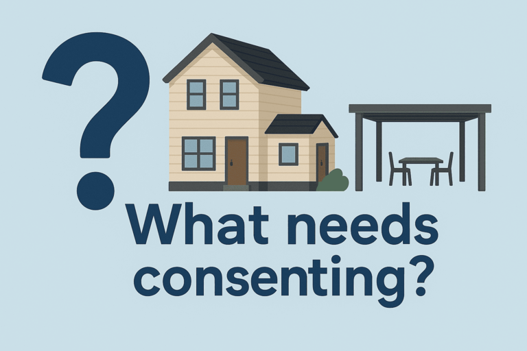Graphic showing a New Zealand home with a pergola and a large question mark, representing which types of building work require council consent.