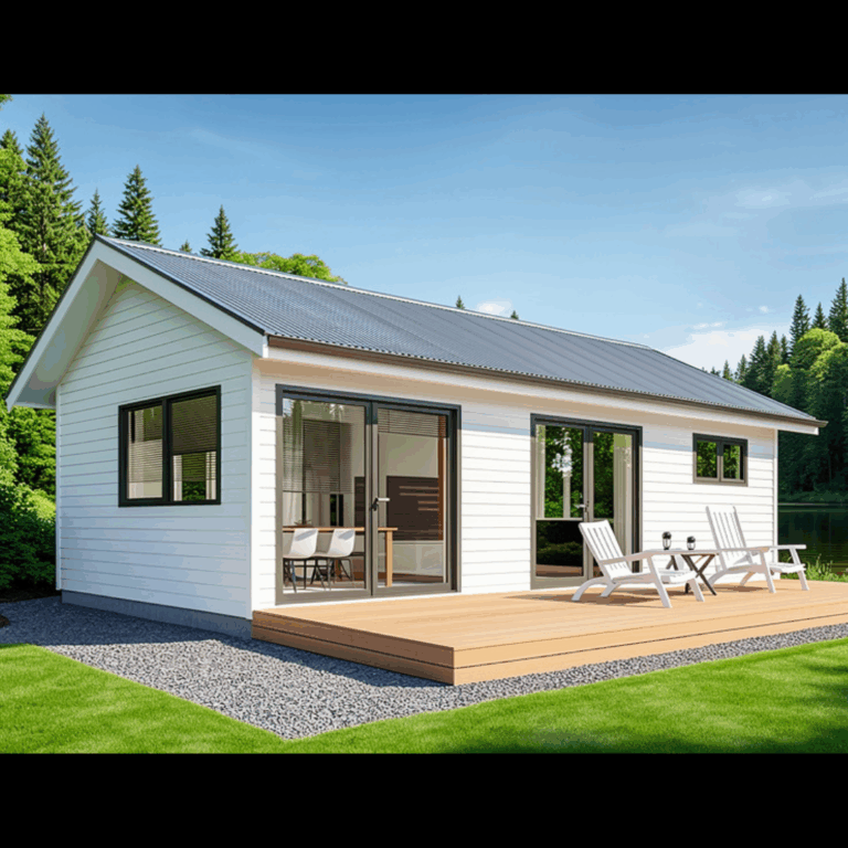 2 bedroom minor dwelling with Coloursteel roofing and timber deck, designed for modern compact living
