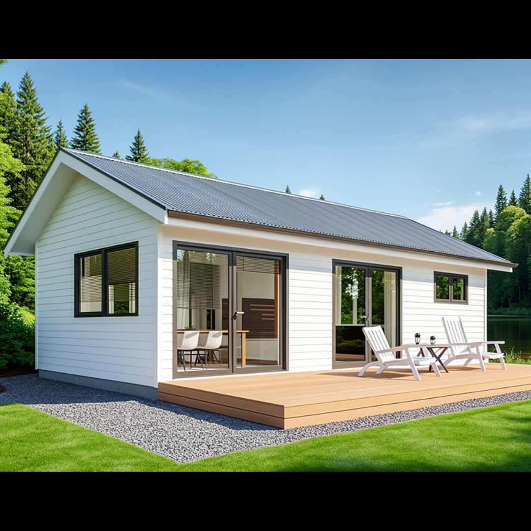 2 bedroom minor dwelling with Coloursteel roofing and timber deck, designed for modern compact living