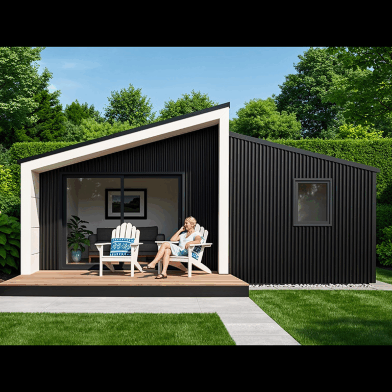 Modern gable-roof minor dwelling with black vertical cladding and timber deck