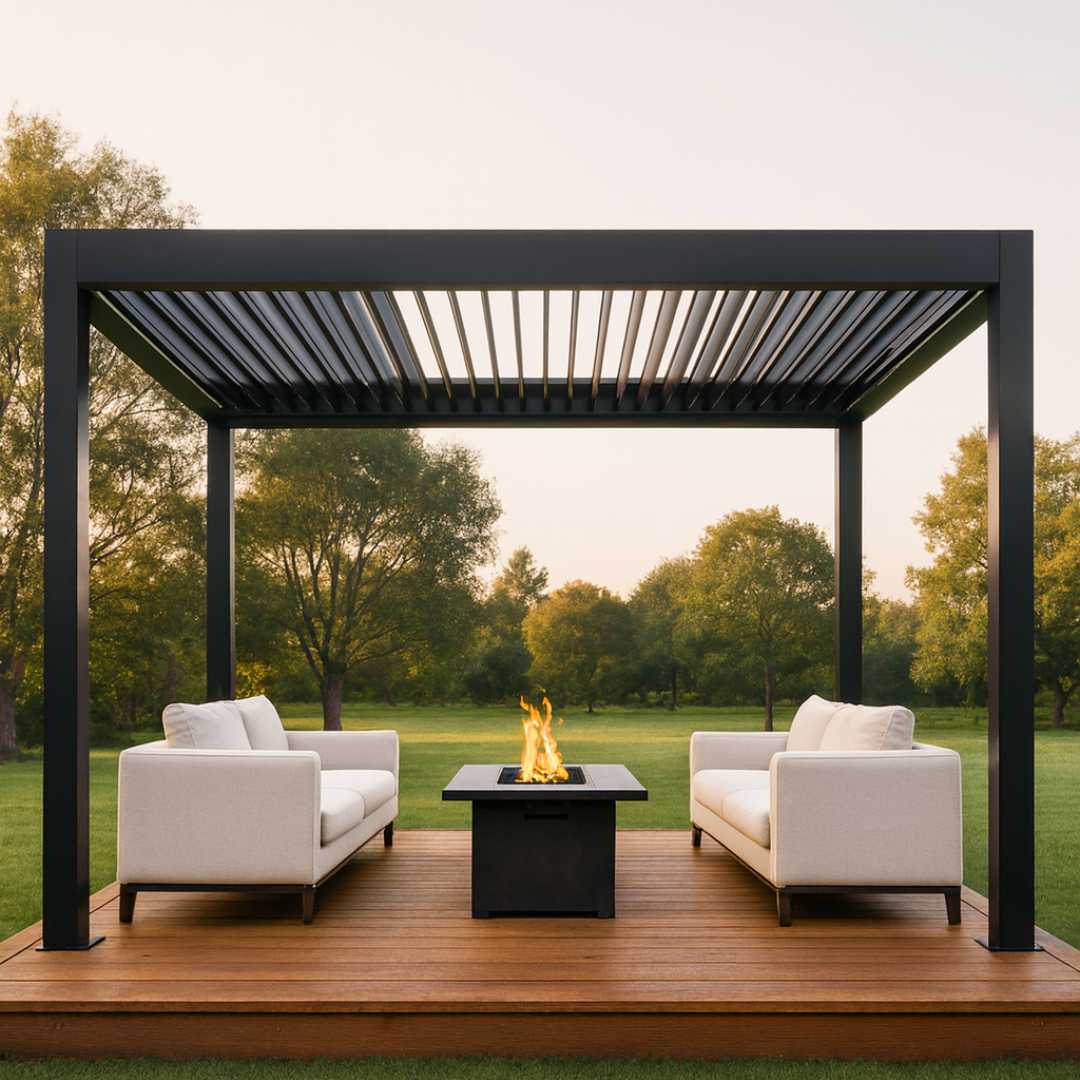 Modern 4m x 4m Kwila deck with a black aluminium louvre roof pergola and outdoor fire pit.