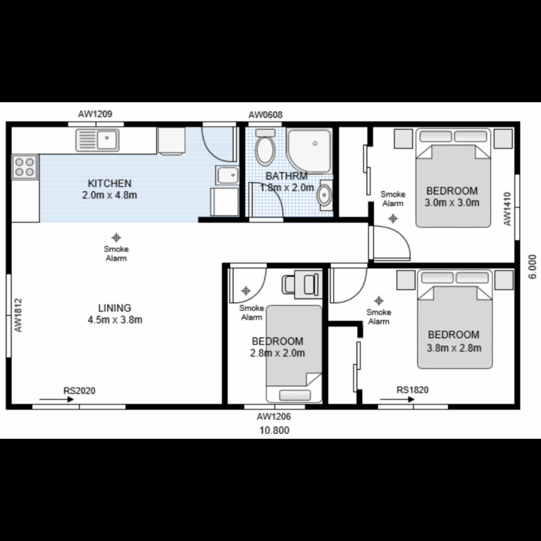 2 bedroom minor dwelling floor plan showing open living, kitchen, bathroom and compact layout