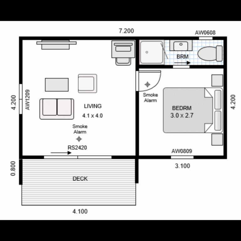 One bedroom minor dwelling floor plan with open living area and deck
