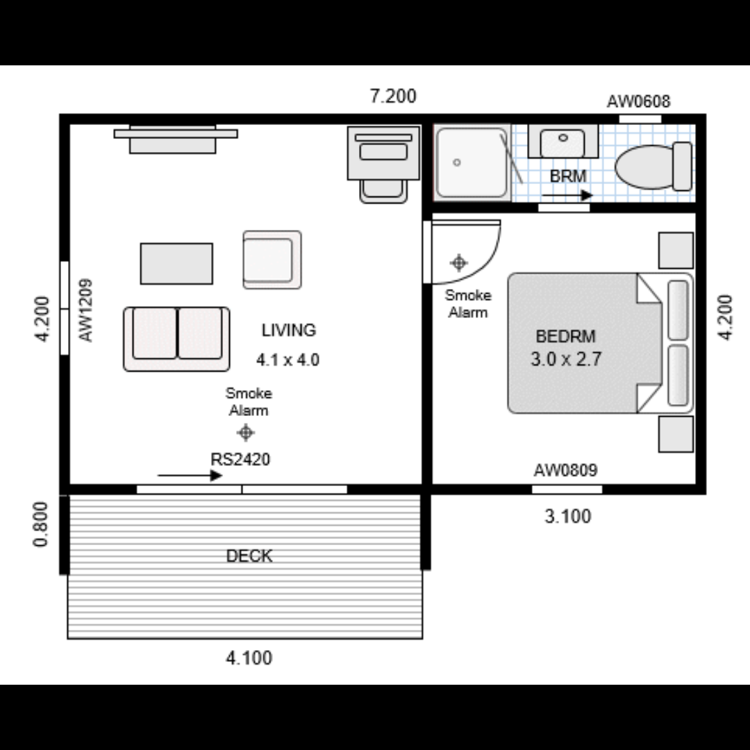 One bedroom minor dwelling floor plan with open living area and deck