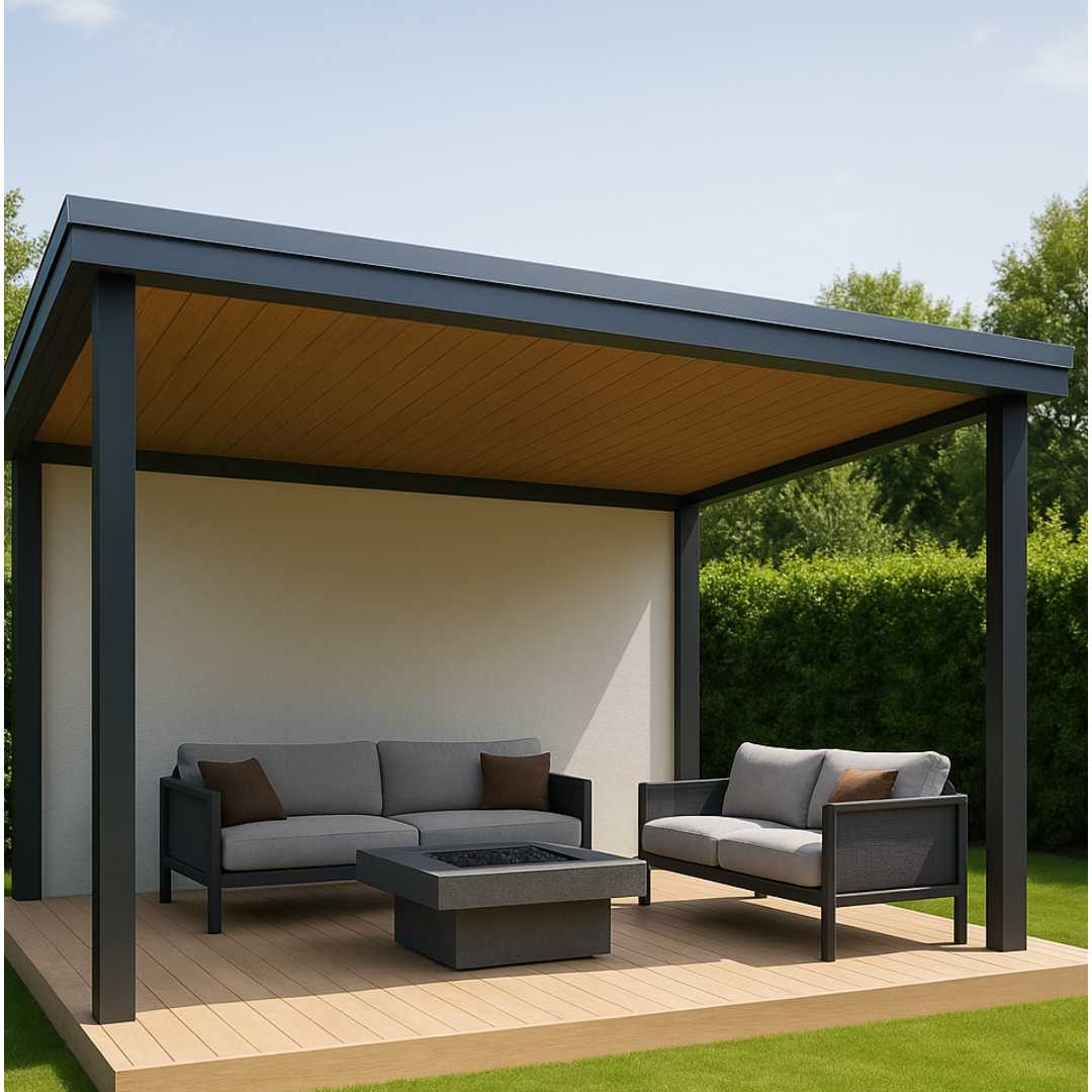 Modern 4m x 4m pergola with a mono-slope roof, plastered back wall, matte black posts and a Vitex deck.