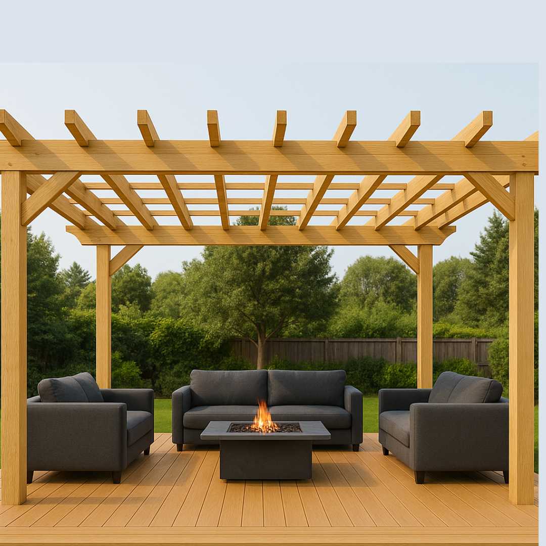 Timber 4m x 4m pine pergola with rafters, purlins, and a Pine deck featuring outdoor lounge seating and a fire pit.