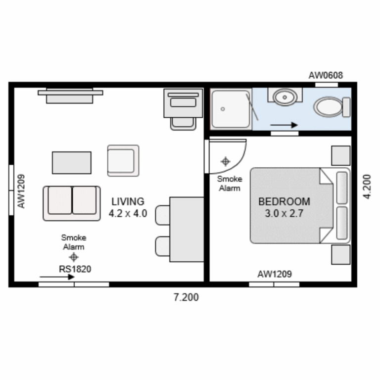 Compact one-bedroom minor dwelling floor plan showing 4.2 x 4.0 living area, bedroom, and bathroom layout