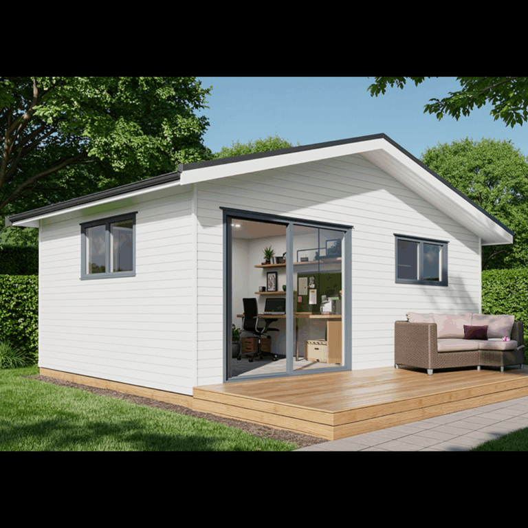 25sqm one bedroom minor dwelling with gable-pitch roof, timber deck, and sliding doors