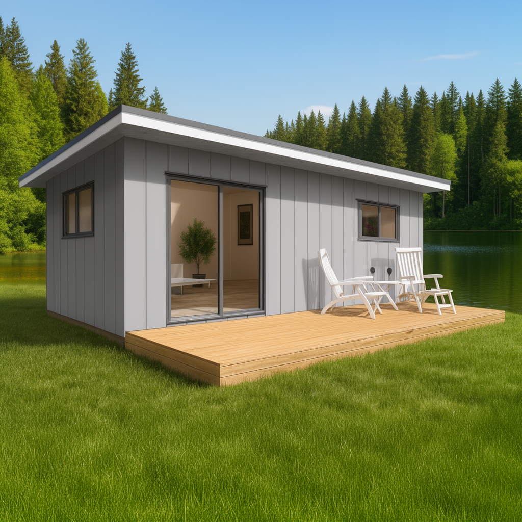 30sqm mono-pitch minor dwelling with Axon panel cladding and timber deck in a landscaped setting