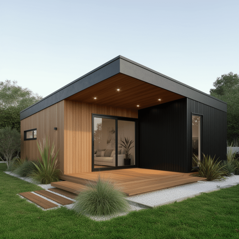 Custom mono-pitch minor dwelling in Auckland featuring cedar weatherboards, black vertical cladding, recessed outdoor living area, and timber decking.