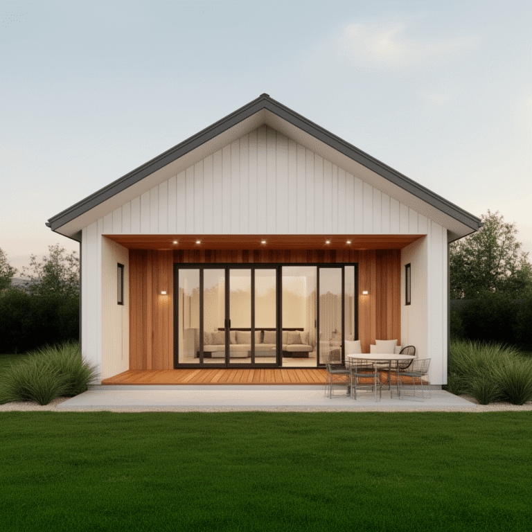 Modern Scandinavian-inspired gable roof minor dwelling with white vertical cladding, cedar feature wall, covered patio, and large sliding doors.