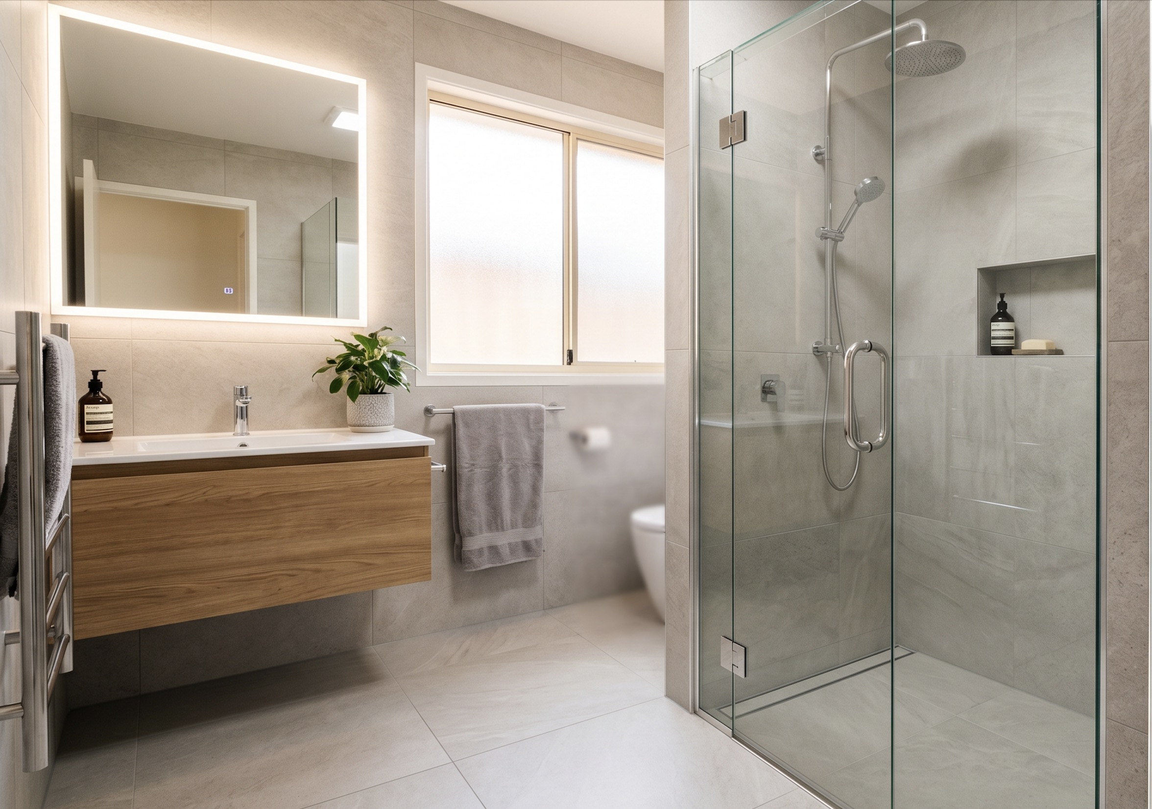 Modern bathroom renovation featuring a flush tiled shower with channel drain, frameless glass enclosure, floating timber vanity and large-format porcelain tiles.